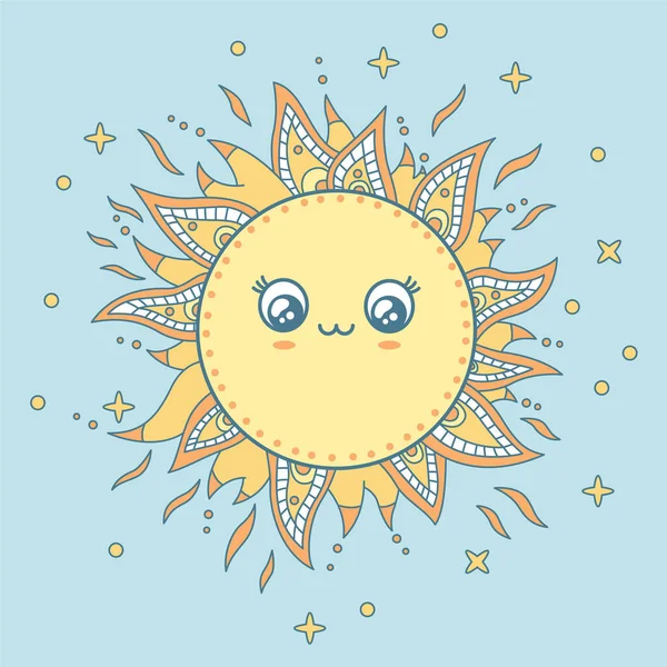 Sun Kawaii Süslü Doodle Mandala Vektör İllüstrasyonu. Tshirt, Poster, Web, Tebrik Kartı İçin En İyisi.