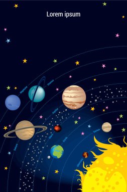 Güneş sisteminin vektör karikatür gezegenleri: Venüs, Merkür, Dünya, Mars, Jüpiter, Satürn, Uranüs, Neptün. Duvar kağıdı, arkaplan, semboller, web tasarımı şablonu, kart, kapak, poster için en iyisi.
