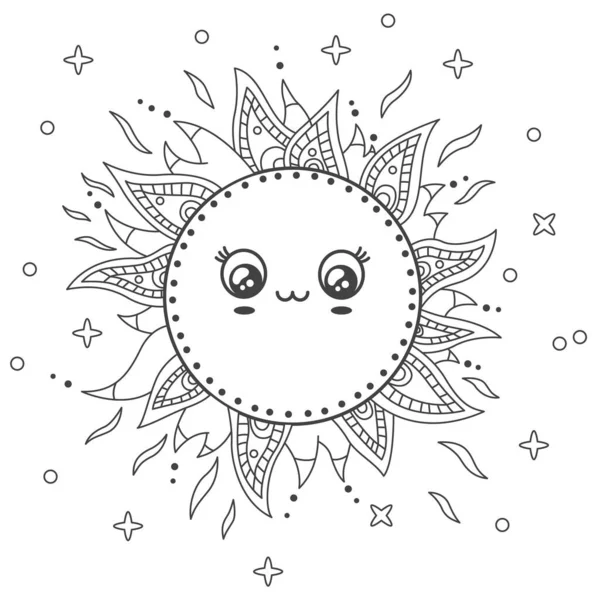 Sun Kawaii Süslü Doodle Mandala Vektör İllüstrasyonu. Taslak boyama sayfası. Çizgi film illüstrasyonu Tişört, Poster, Web, Tebrik Kartı için en iyisidir.