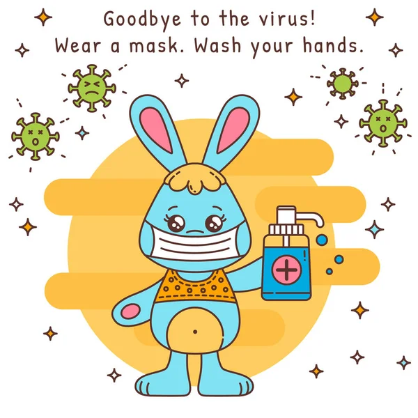 Cute Kawaii Rabbit Bunny Cartoon Character Wearing Medical Mask Sanitizer — Stock Vector