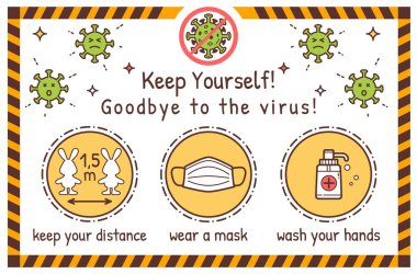 Coronavirus Çocuk Bilgi Posteri. Salgın Coronavirus COVID-19. Elini yıka. Mesafeni koru. Maske tak. Vektör İllüstrasyonu.