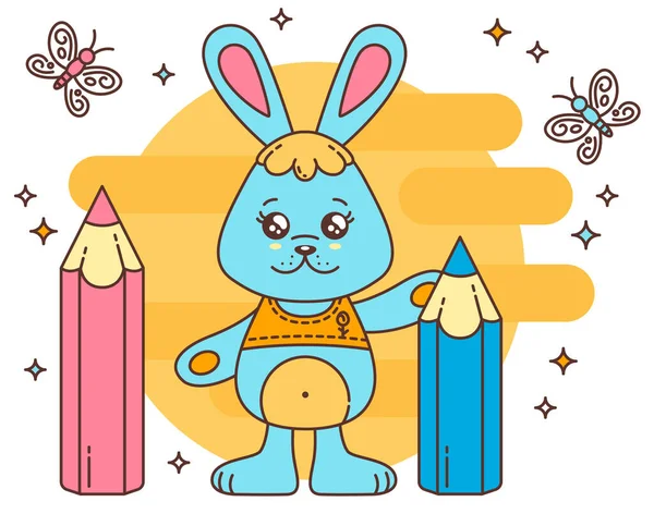 Kalemli şirin Kawaii Tavşanı, Kelebek ve Parıltı. Tahıl dokusu. Beyaz Arkaplanda Vektör İllüstrasyonu. Tebrik kartı, poster, çıkartma ve internet için en iyisi..