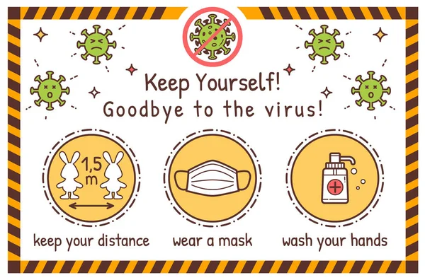 Coronavirus Çocuk Bilgi Posteri. Salgın Coronavirus COVID-19. Elini yıka. Mesafeni koru. Maske tak. Vektör İllüstrasyonu.