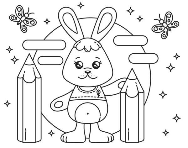 Çizgi film Kawaii Tavşan Kalemleri, Kelebek ve Parıltılı. Tahıl dokusu. Beyaz Arkaplanda Vektör Renklendirme Sayfası Resimleri. Tebrik kartı, poster, stiker, internet için en iyisi..