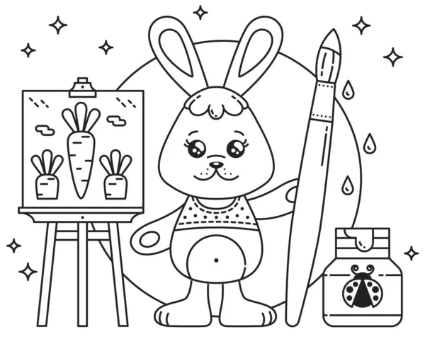 Tatlı Kawaii Çizgi Film Tavşanı Easel ve Boya Fırçası. Tavşan bir havuç çiziyor. Siyah ve Beyaz Taslak Renk sayfası. Tebrik kartı / Poster / Etiket için Vektör illemesi.
