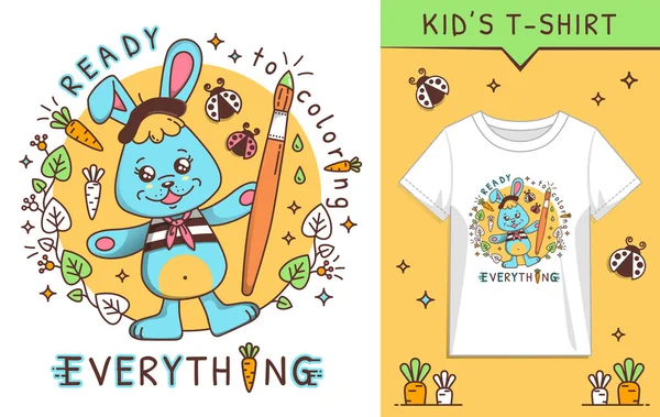 Boya fırçalı Kawaii çizgi film tavşanı. Tişörtlere, kazaklara ve hediyelik eşyalara bastırın. Düz Vektör İllüstrasyonu.