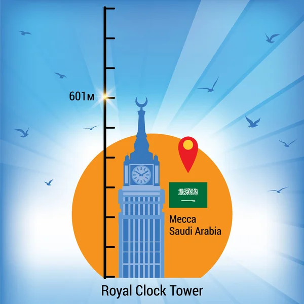 Dünyanın en yüksek binası. Suudi Arabistan 'daki Kraliyet Saat Kulesi. Vector Infographic, düz stil. Web, Eğitim, Poster, Posta Kartı, Simgeler için en iyisi.