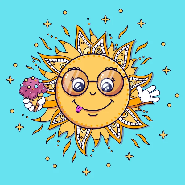 Dondurmalı Sun Kawaii. Yaz zamanı. Doodle Mandala Vektör İllüstrasyonu. Tshirt, Poster, Web, Tebrik Kartı İçin En İyisi.