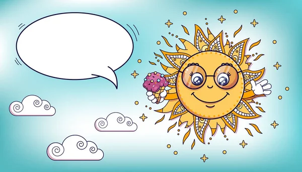 Dondurmalı Kawaii Sun çizgi filmi, Mavi Gökyüzü Arkaplanındaki Metin Kabarcığı ve Bulutları. Yaz zamanı. Doodle Mandala Vektör İllüstrasyonu. Tshirt, Poster, Web, Tebrik Kartı İçin En İyisi.
