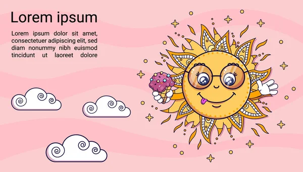 Cartoon Kawaii Sun Ice Cream Clouds Pink Sky Background Hora — Archivo Imágenes Vectoriales