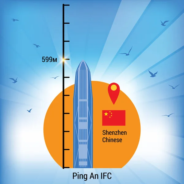 Ping An, Shenzhen, Çin 'de. Dünyanın en yüksek binası, vektör çizimi, düz stil. İnternet, eğitim, poster, kartpostal, simgeler için en iyisi.