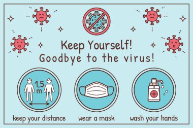 Coronavirus Çocuk Bilgi Posteri. Salgın Coronavirus COVID-19. Elini yıka. Mesafeni koru. Maske tak. Vektör İllüstrasyonu.