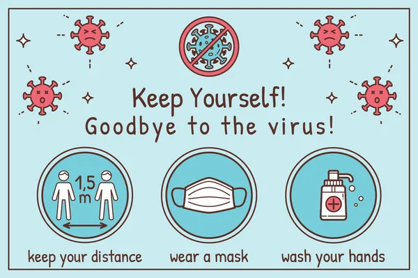 Coronavirus Çocuk Bilgi Posteri. Salgın Coronavirus COVID-19. Elini yıka. Mesafeni koru. Maske tak. Vektör İllüstrasyonu.