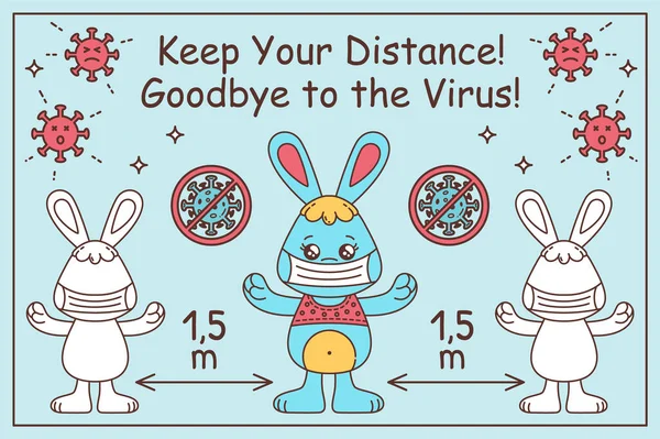 Çizgi film Kawaii Tavşan Sosyal Mesafeyi Koru. Tıbbi maske takıyor. Mavi Arkaplanda Koronavirüs Önleme Çocuklar Vektör Bilgi Posteri. Salgın Koronavirüs COVID-19.