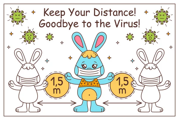 Cartoon Kawaii Rabbit Bunny Keep Social Distance Wearing Medical Mask — Stock Vector