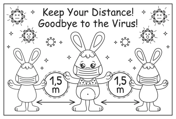 Kawaii Rabbit Bunny Keep Social Distance Wearing Medical Mask Coronavirus — Stock Vector