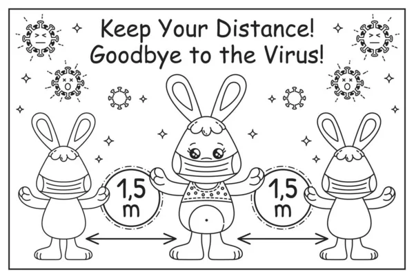 Kawaii Tavşan Sosyal Mesafeyi Koru. Tıbbi maske takıyor. Coronavirus Önleme Çocukları Boyama Sayfa Bilgileri Posteri. Salgın Koronavirüs COVID-19.
