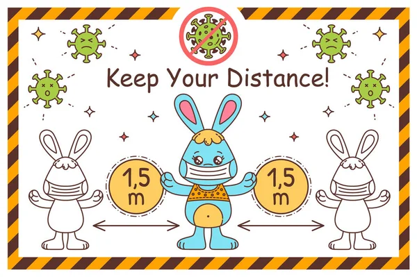 Çizgi film Kawaii Tavşan Sosyal Mesafeyi Koru. Tıbbi maske takıyor. Coronavirus Önleme Çocuklar Vektör Bilgi Posteri Beyaz Arkaplanda Dikkat Çerçevesi ile. Salgın Koronavirüs COVID-19.
