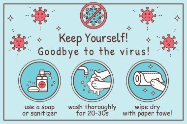 Çocuk Önleme Bilgileri Posteri. Elini dezenfektanla ya da sabunla yıka. Pandemik Coronavirus (COVID-19). Web, Poster ve Çıkartma Simgesi ile Blie Arkaplanı 'nda Vektör Resimleri.