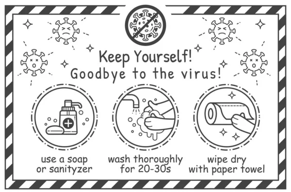 Çocuk Önleme Bilgileri Posteri. Elini dezenfektanla ya da sabunla yıka. Pandemik Coronavirus (COVID-19). Web, Poster, Çıkartma Simgesi ile Renklendirme Sayfa Vektörü ResmiComment.