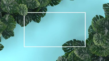 Tropikal Monstera mavi zemin üzerine bırakır. Şablon düzeni, en az moda yaz konsept sanat. Düz yatıyordu, en iyi görünüm. 3D.