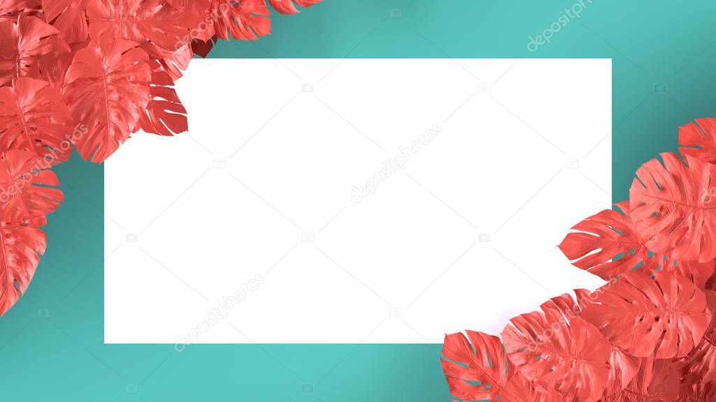 Tropical pink coral leaves Monstera on blue background. Template layout, trend fashion summer concept art .