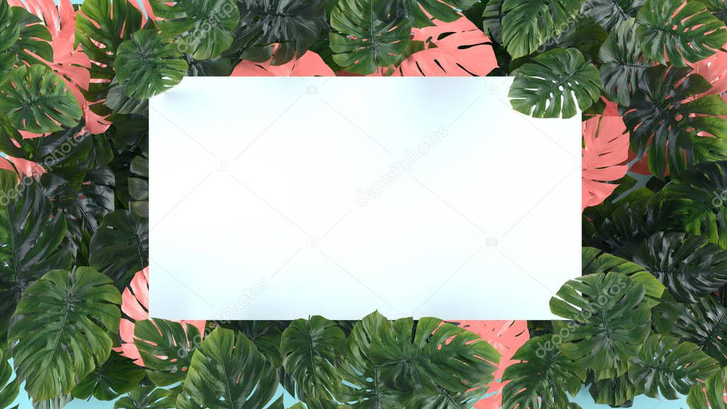 Tropica pink and green leaves Monstera on blue background. Template layout, minimal fashion summer concept art . Flat lay, top view. 3d.