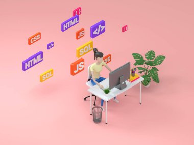 Woman web developer working on freelance. Isometric illustration icon with web development for concept design. 3d render. clipart