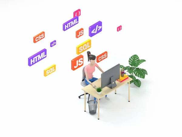 Desenvolvedor de frontend feminino sentado em uma mesa no escritório moderno. Conceito de tecnologia digital aprendizagem de linguagens de programação. Ilustração isométrica 3d render . — Fotografia de Stock