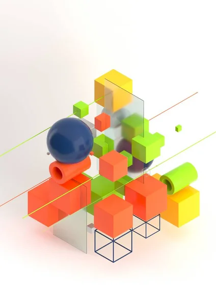 アブストラクト3Dレンダリング可視化の背景、等価性における幾何学的形状のテンプレート現代組成。キューブ、球、シリンダー、ライン. — ストック写真