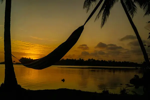 Palmy kokosowe przeciwko kolorowy zachód słońca — Zdjęcie stockowe