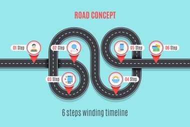 Yol kavramı zaman çizelgesi, Infographic grafik, düz stil asfalt yol. Renk örneklerini kontrol.