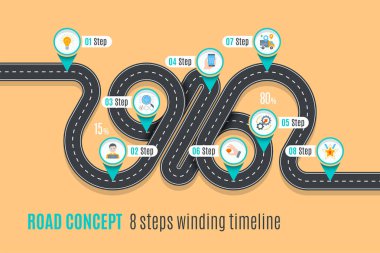 Yol kavramı zaman çizelgesi, Infographic grafik, düz stil asfalt yol. Renk örneklerini kontrol.