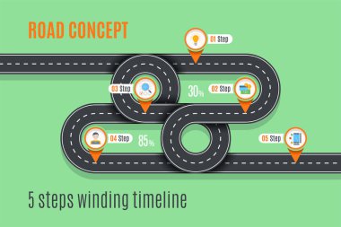 Yol kavramı zaman çizelgesi, Infographic grafik, düz stil asfalt yol. Renk örneklerini kontrol.