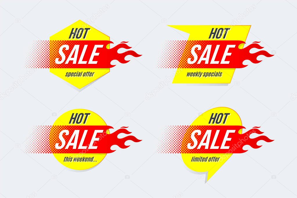 Emblem Hot sale price offer deal labels template design with flame. Vector illustrations set