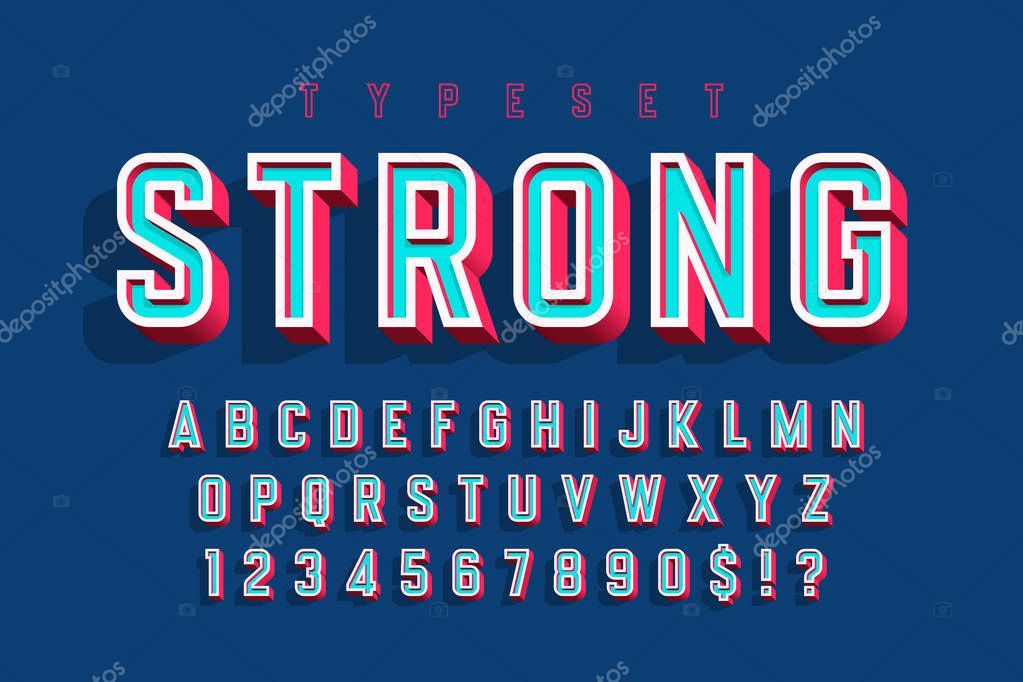 Condensed bold 3d display font, alphabet, letters and numbers. Swatch color control