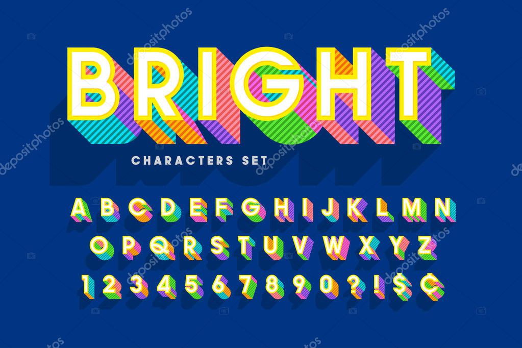 Extra bright 3d display font design, alphabet, letters and numbers. Swatch color control