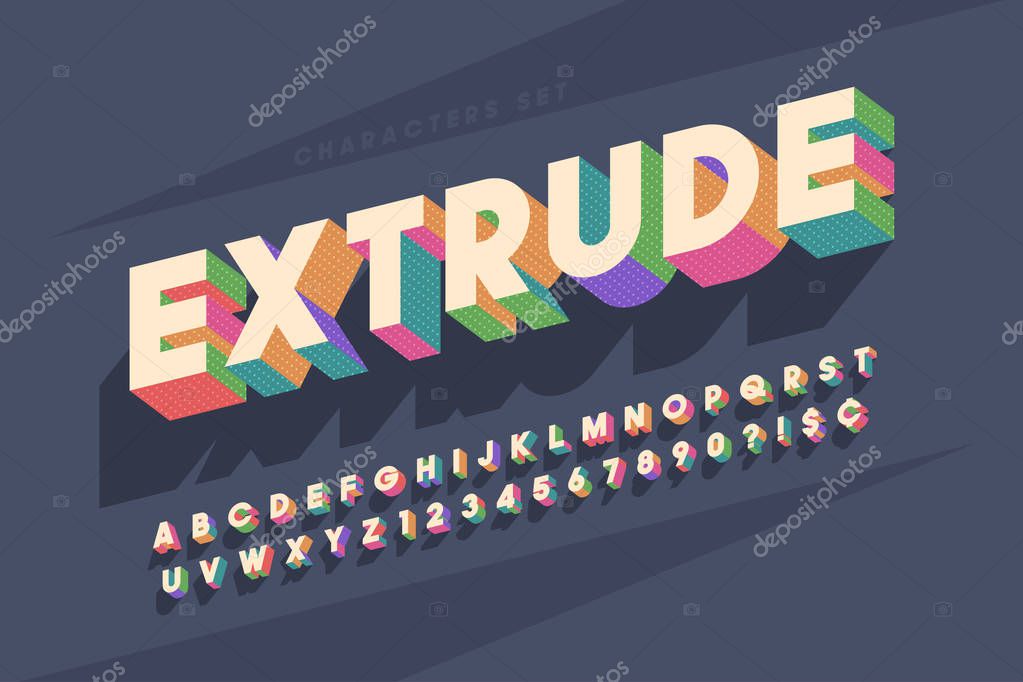 Original retro 3d display font design, alphabet, letters and numbers. Swatch color control