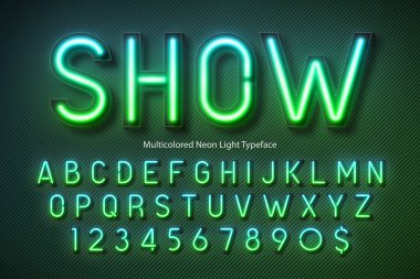 Neon ışıklı alfabe, çok renkli ekstra parlak yazı tipi