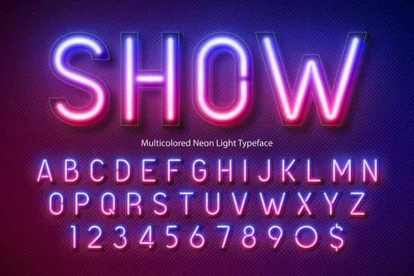 Neonljus alfabet, flerfärgad extra glödande typsnitt — Stock vektor