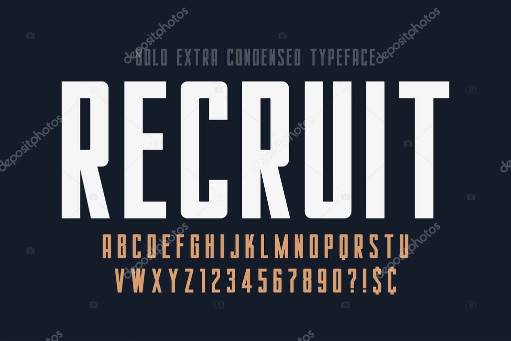 Condensed simple display font design, alphabet, typeface