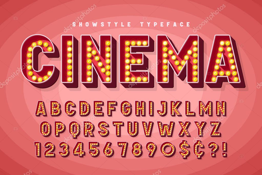 Retro cinema font design, cabaret, Broadway letters and numbers. Swatches color control