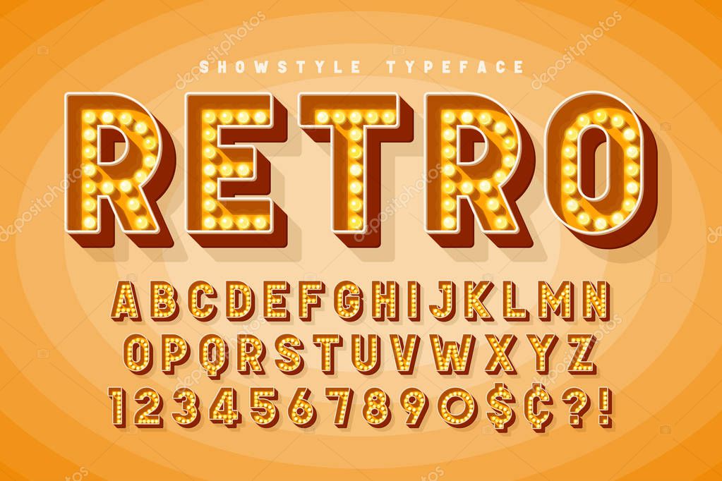 Retro cinema font design, cabaret, Broadway letters and numbers. Swatches color control