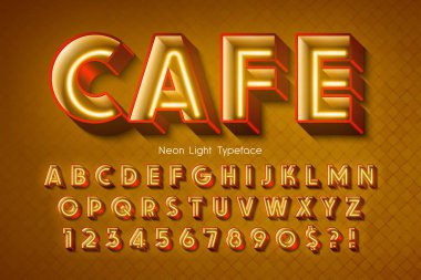 Neon ışık 3d alfabesi, ekstra parlak yazı tipi. 