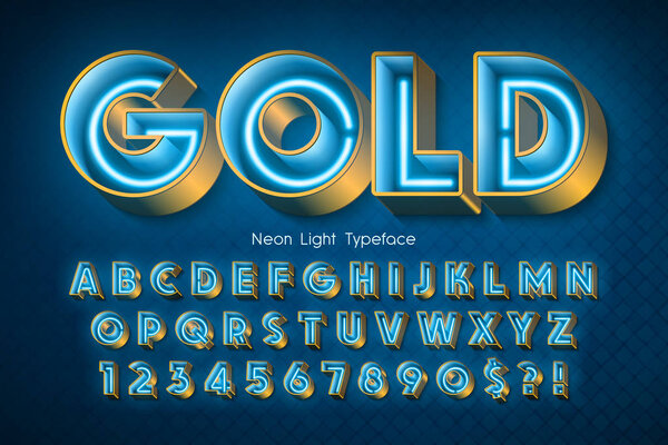 Neon light 3d alphabet, extra glowing font. 