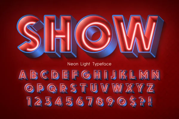 Neonlicht 3D-Alphabet, extra leuchtende Schrift. — Stockvektor