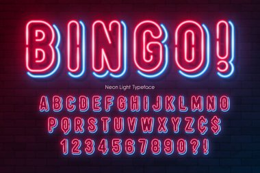 Neon ışıklı alfabe, çok renkli ekstra parlak yazı tipi.