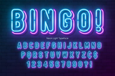 Neon ışıklı alfabe, çok renkli ekstra parlak yazı tipi.