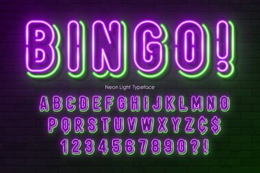 Neon ışıklı alfabe, çok renkli ekstra parlak yazı tipi.