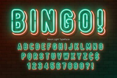 Neon ışıklı alfabe, çok renkli ekstra parlak yazı tipi.